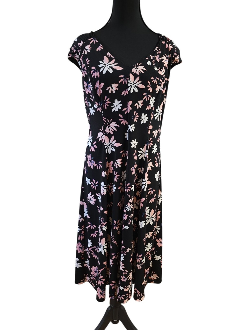 London Times Black Midi Dress with Pink & White Floral Print 12
